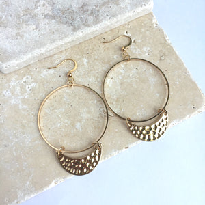 Gold Hoop Hammered Crescent Moon Earrings