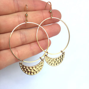 Gold Hoop Hammered Crescent Moon Earrings