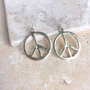 Large Silver Peace Sign Earrings