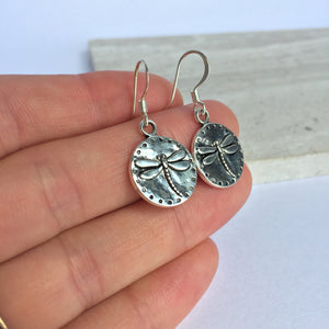 Silver Dragonfly disk Earrings