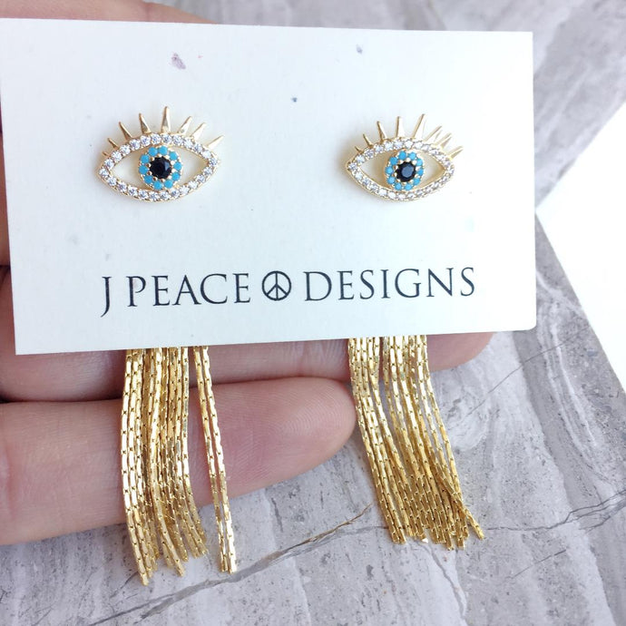Evil Eye Studs w/ chain tassel back earrings