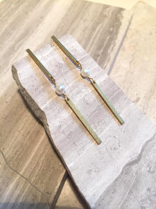 Long Brass bar w/ Pearl — Post Earrings
