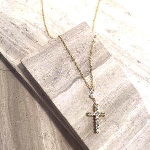 Tiny White Pearl CZ Cross Necklace — Gold
