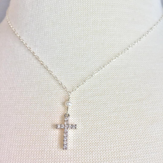Tiny White Pearl CZ Cross Necklace — Silver