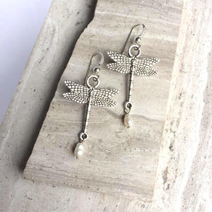 Sterling Silver Dragonfly Earrings — Pearl Dangle