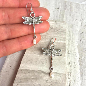 Sterling Silver Dragonfly Earrings — Pearl Dangle