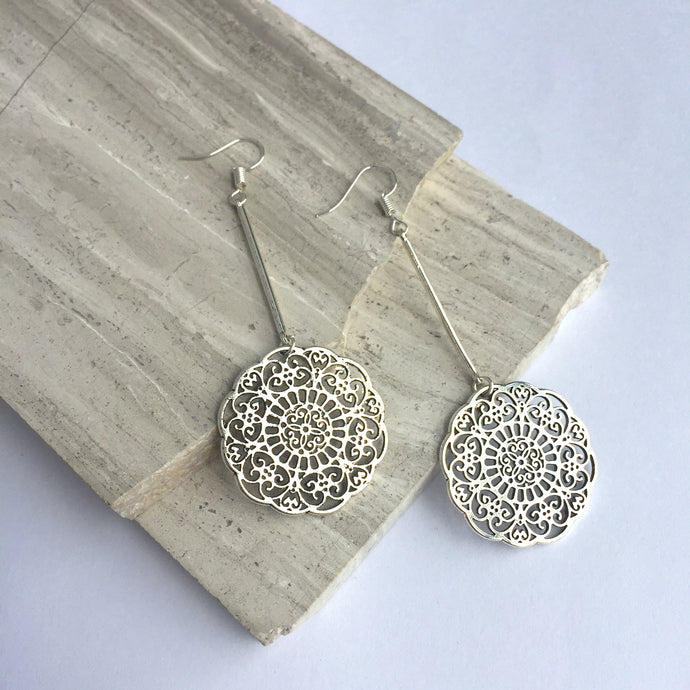 Long Silver filigree medallion dangle Earrings