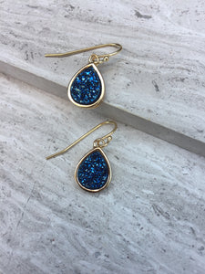 Druzy Tear Drop Earrings — Blue, gold