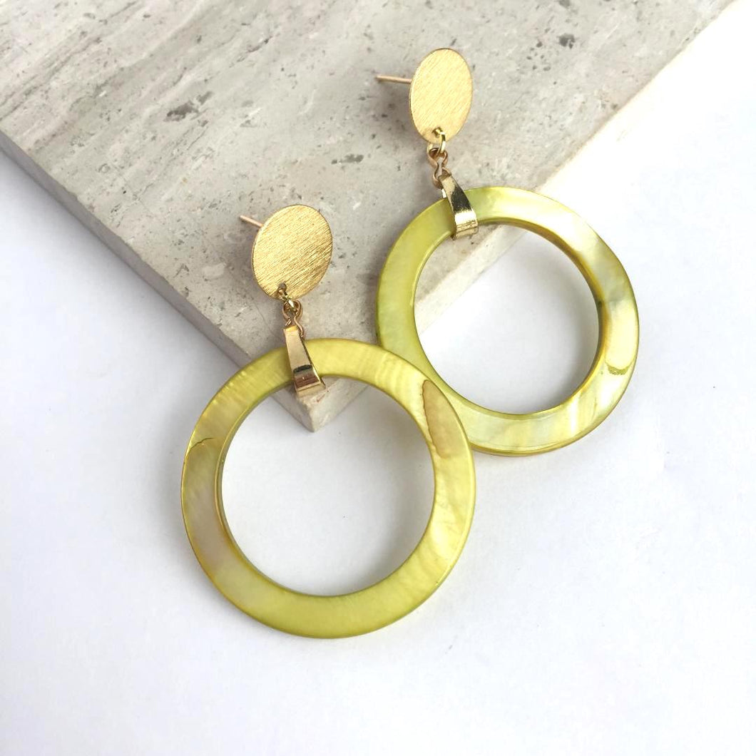 Lime Green Shell Hoops — Post Earrings