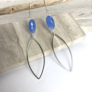 Long Blue Chalcedony Gemstone Marquise Hoop Sterling Earrings