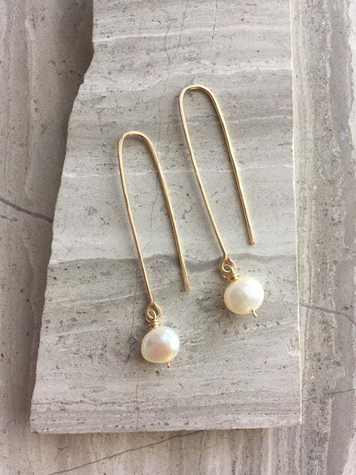 Long hook Earrings — White Freshwater Pearl