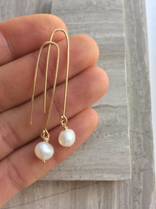 Long hook Earrings — White Freshwater Pearl, in hand