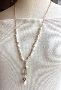 Long Pearl and Quartz Pendant Necklace