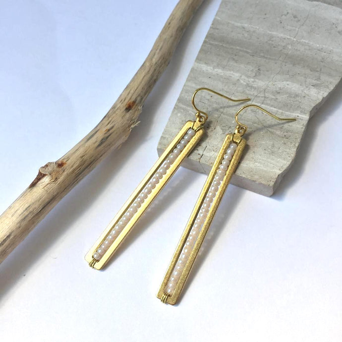 Long gold bar w/ tiny Pearls Earrings