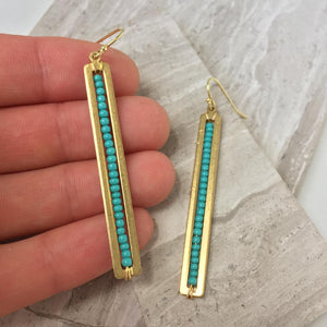 Long gold bar w/ Turquoise Earrings