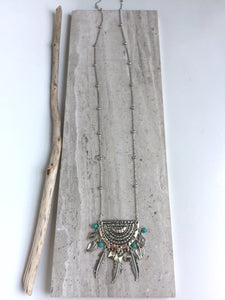 Long Silver Tribal Turquoise Feather Necklace