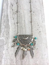 Long Silver Tribal Turquoise Feather Necklace