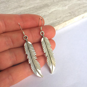 JPeace Designs Long Silver Feather Charm Earrings