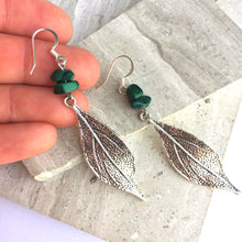 Malachite Gemstone long silver leaf Earrings