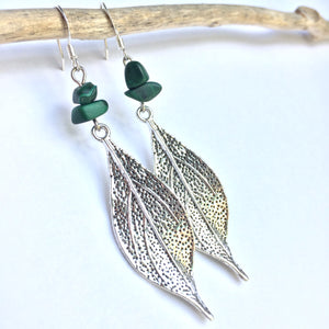 Malachite Gemstone long silver leaf Earrings