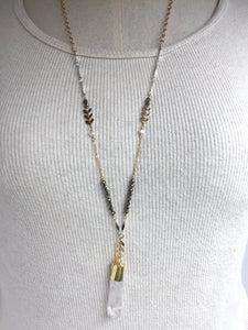 Mixed Metals and Pyrite Necklace — Quartz Crystal, on Mannequin