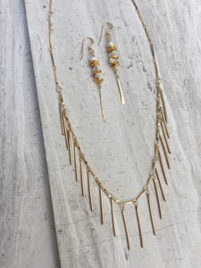 Pearl and Sequin Line Earrings, with gold fringe necklace