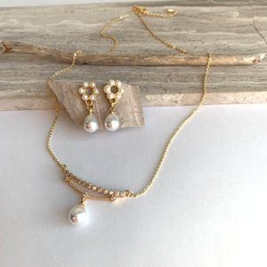 CZ bar w/ Pearl Drop Necklace, Pearl Post Dangle Earrings Set JPeace Designs