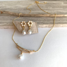 Pearl Post Dangle Drop Earrings, CZ bar w/ Pearl Drop Necklace Set, JPeace Designs