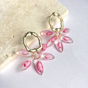 Pink Flower Gold Circle Post Earrings