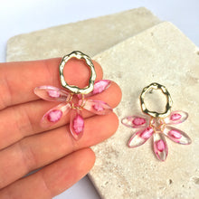 Pink Flower Gold Circle Post Earrings