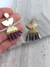 Purple Fringe Post Earrings, in hand