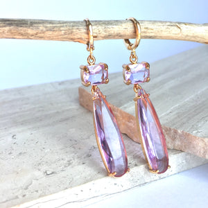 Purple Amethyst Glass Long drop prong set Earrings
