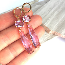 Purple Amethyst Glass Long drop prong set Earrings