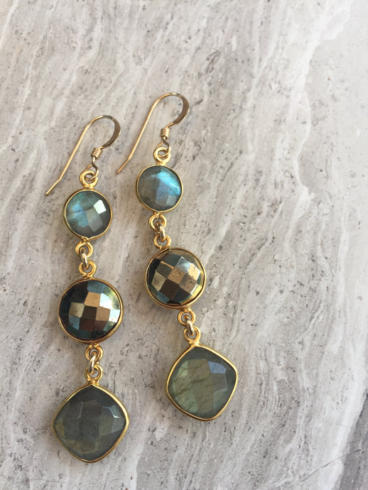 Pyrite & Labradorite Graduated Stone Earrings, gold