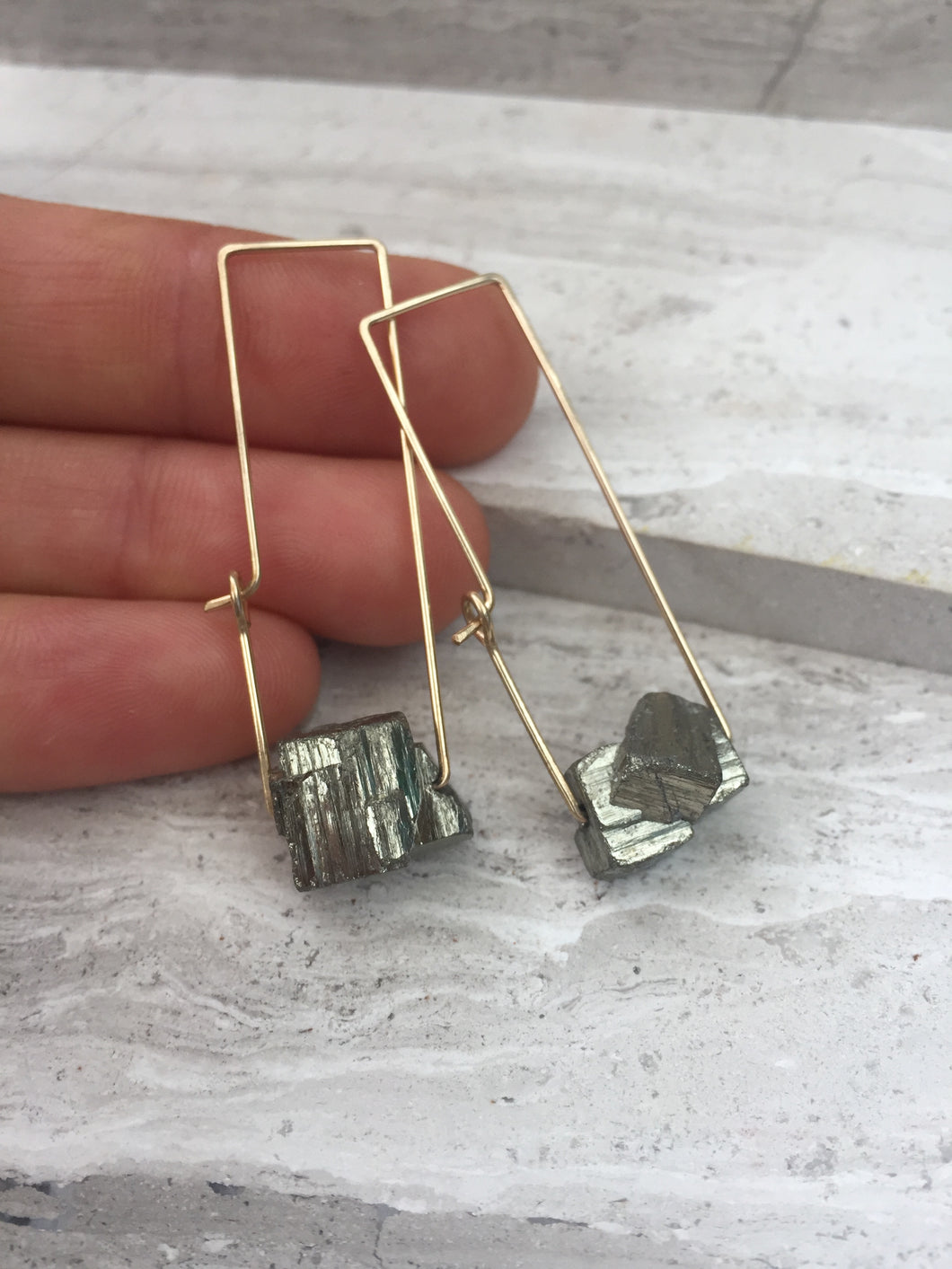Pyrite Rectangle Earrings, gold, natural 