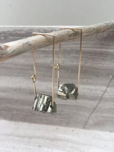 Pyrite Rectangle Earrings, gold, natural —hanging