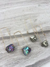 Pyrite Rectangle Earrings, gold, natural & purple electro-plated