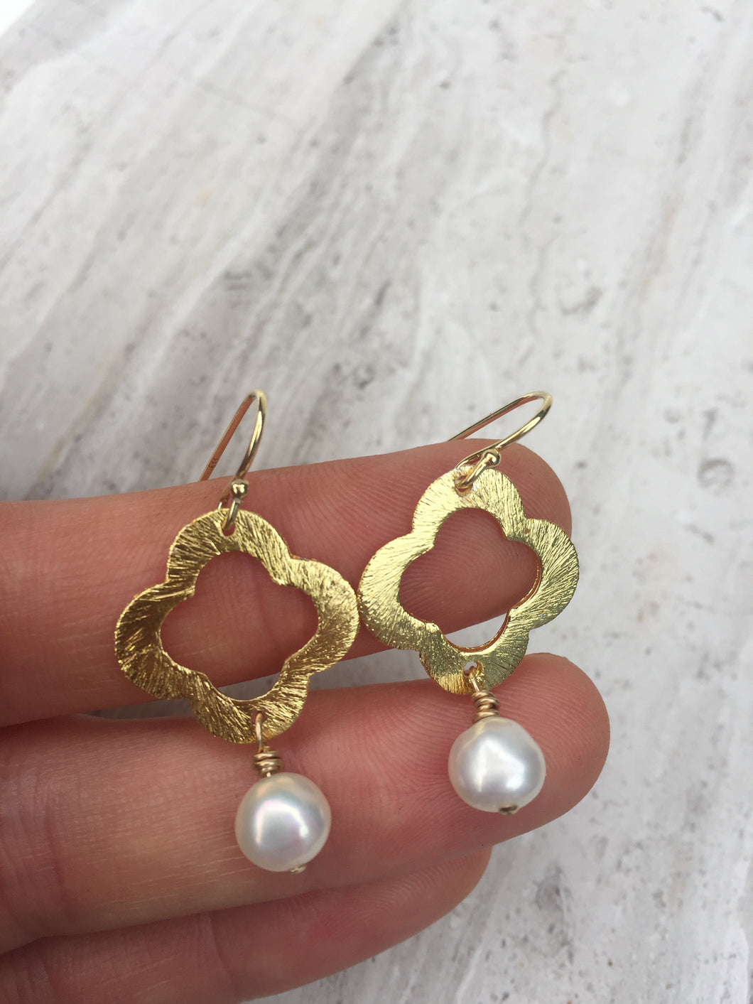 Brushed Quatrefoil Earrings — Pearl, gold