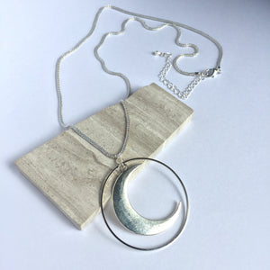 Silver Crescent Moon Large Pendant — Long Necklace