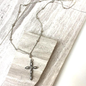Cross Charm & Beaded Chain Necklace — Silver