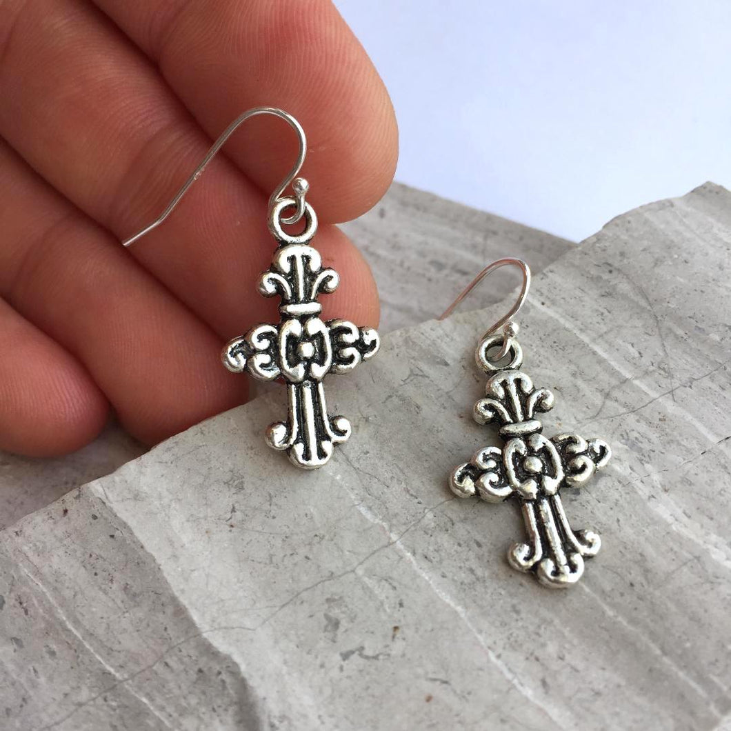 Harvest Cross Charm Earrings — Silver