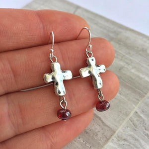 Silver natural Cross Red bead Earrings
