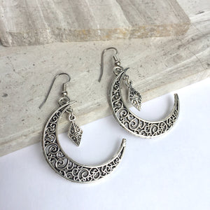 Silver filigree Moon & Diamond Star Earrings