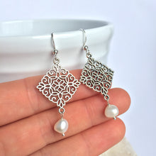 Silver woven charm Pearl dangle Earrings