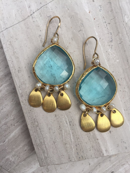 Sky-blue and Brushed Gold Earrings gold