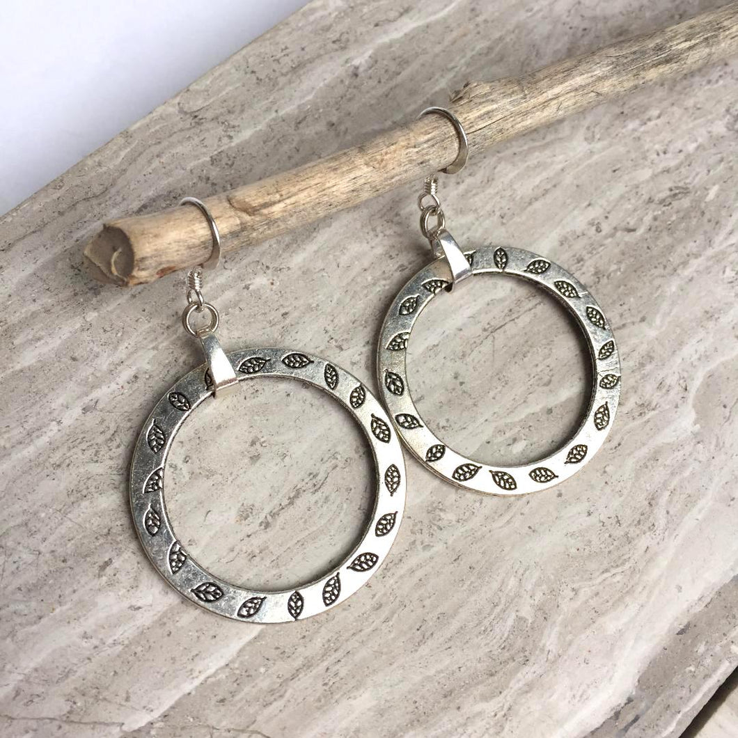 Silver stamped leaf hoop Earrings