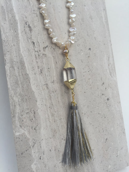 Quartz Crystal Tassel—White pearl Necklace