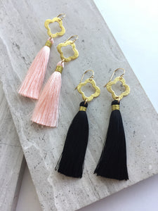 Bushed Quatrefoil Tassel Earrings, peach and black