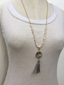 Geode tassel necklace, long, white freshwater pearl