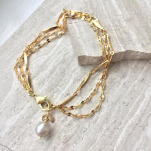 Three gold chains Bracelet w/ Pearl Dangle